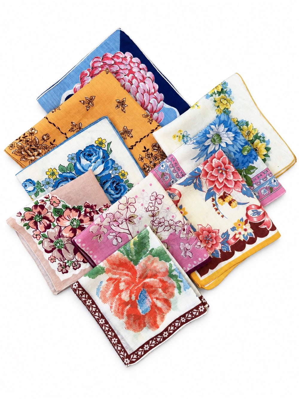 Lot of 9 Vintage Floral Handkerchiefs Colorful Assorted Prints